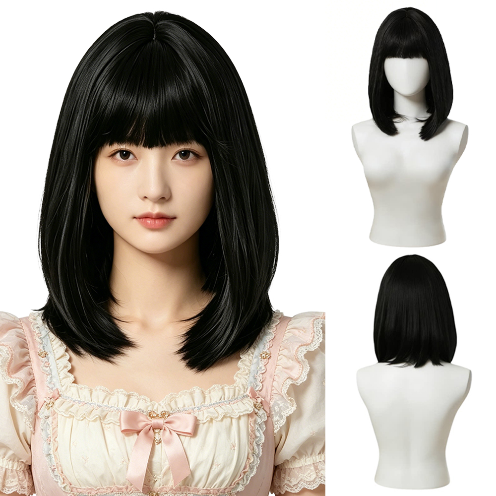 Hair Care High End - Doğal Siyah Bob Peruk, Kaküllü, Kıvırcık